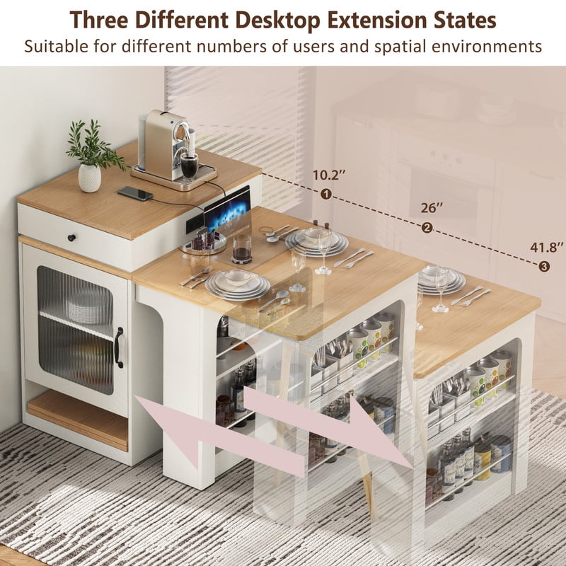 Bellemave 60" Kitchen Island with Extendable Dining Table and Power Outlet, Mobile Kitchen Storage Islands with 2 Storage Drawers, Rolling Islands Cart with Extra Rows Open Shelves（White)