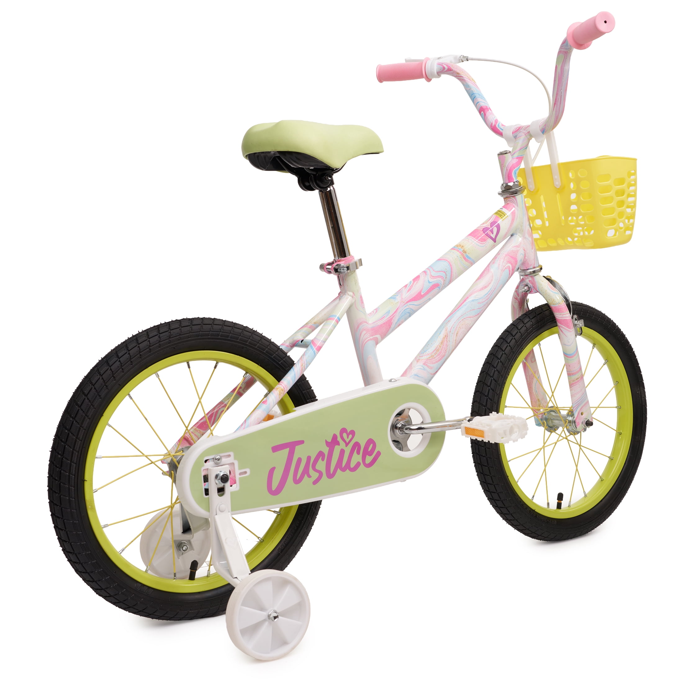 Justice Boardwalk Brights 16” Cotton Candy Swirl Bike with Basket, Charms & Optional Training Wheels