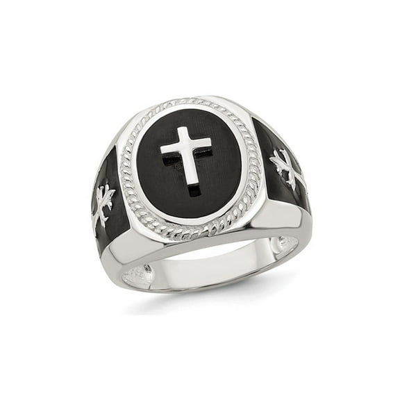 Gem & Harmony Mens Sterling Silver Black Agate Ring Cross Ring for Men