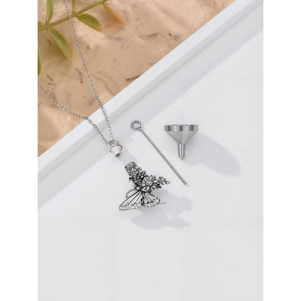 CACA LADY Butterfly Urn Necklace for Ashes 925 Sterling Silver Butterfly Sunflower Memorial Pendant Cremation Keepsake Necklace for Ashes Jewelry Memorial Gifts for Women Loss Loved One