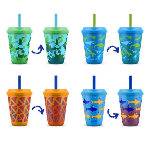 Ello Kids - Vasos de plástico reutilizables que cambian de color con tapas giratorias a prueba de salpicaduras y pajita, sin BPA, apto para lavaplatos, 12 onzas, selva tropical, Ello NA