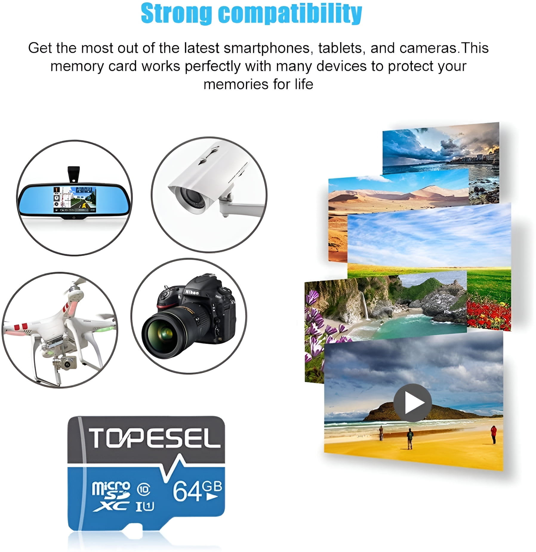 2 Pack 64GB microSDXC with Adapter TOPESEL Micro SDXC TF Card Class 10 UHS-I Memory Cards for Camera Phone Drone Dash Cam Blue