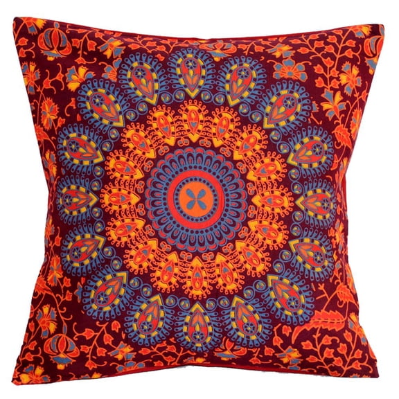 Stylo Culture Indian Decorative Throw Pillow Cover 16x16 Peacock Eye Printed Maroon Traditional 40x40 cm Home Decor Cotton Mandala Square Cushion Cover | 1 Pc