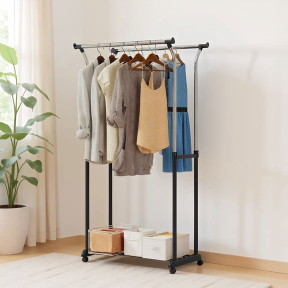 Resenkos Rolling Clothes Rack Double Rod Garment Rack, Height Adjustable Heavy Duty Clothing Rack with Built-in safety locks for Laundry Room, Black and Silver