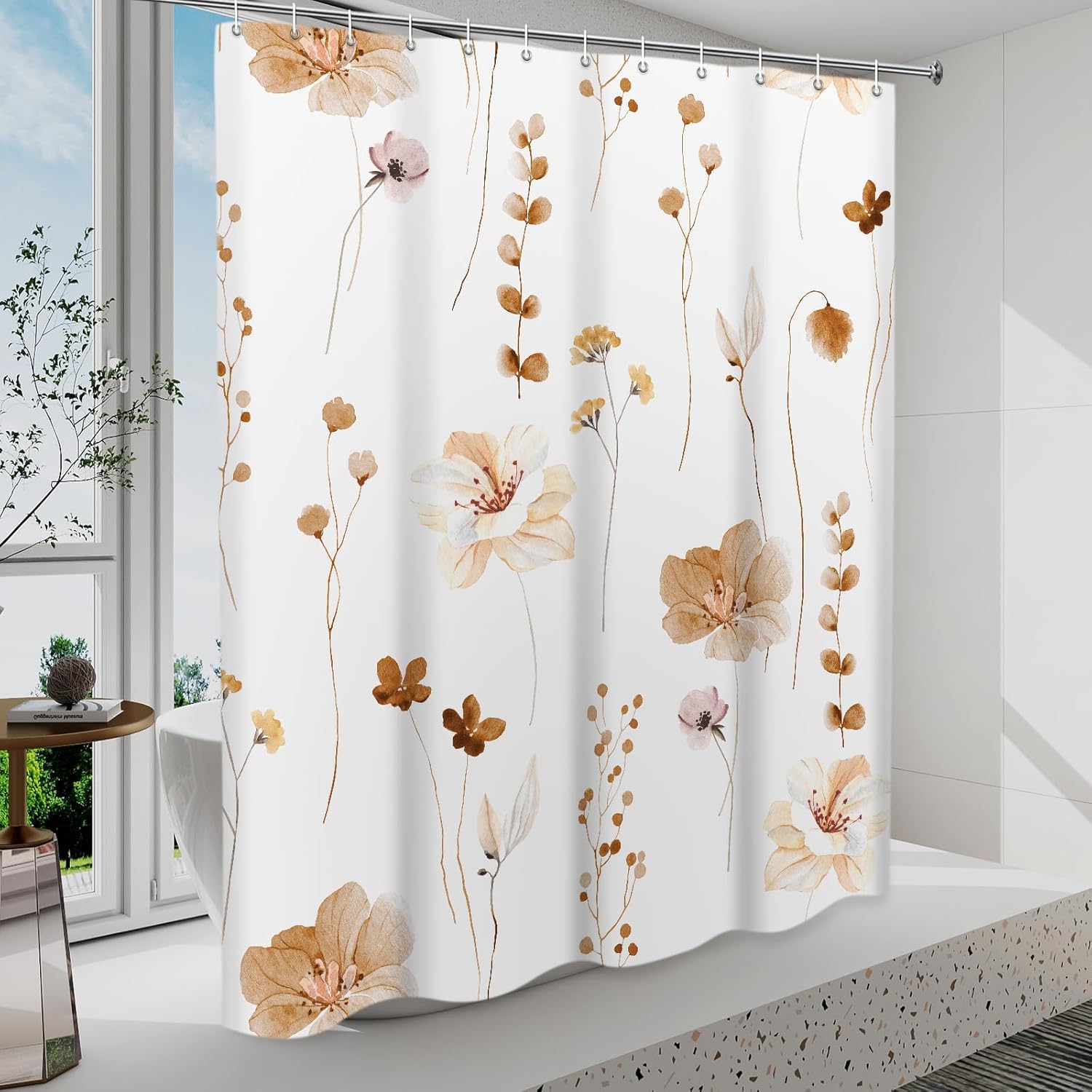 Shower Curtain Watercolor Flower Shower Curtain Sets - Spring Burnt-Orange Floral plant Shower Curtains for Bathroom Washable，Fabric Modern Polyester with Hooks，72 x 84
