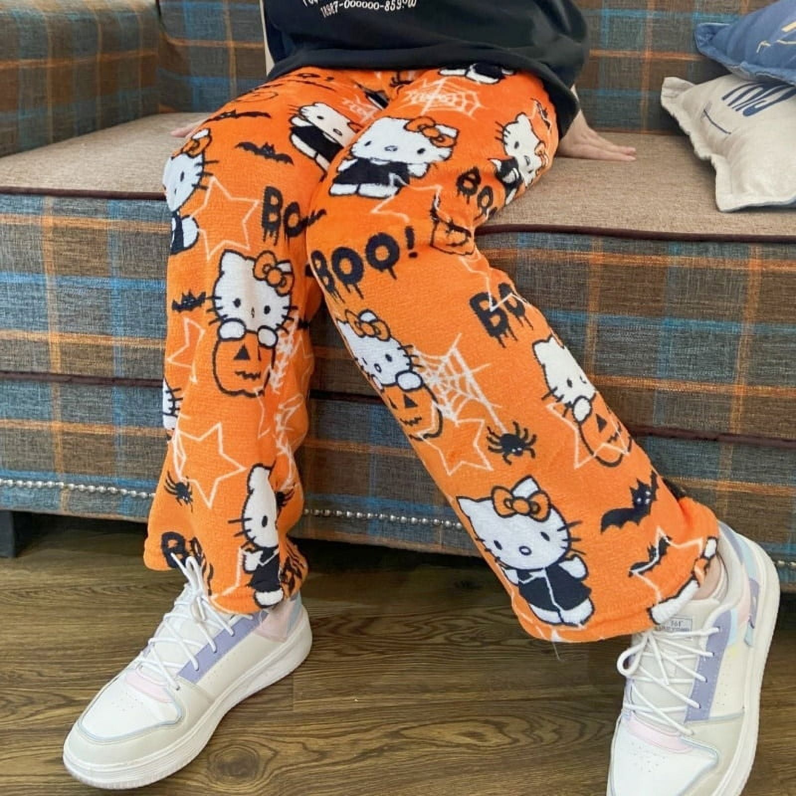 2023 Sanrio Hello Kitty Pajamas Halloween Flannel Fashion Trouserswomen Kawaii Woolen Anime Cartoon Casual Home Autumn Pants