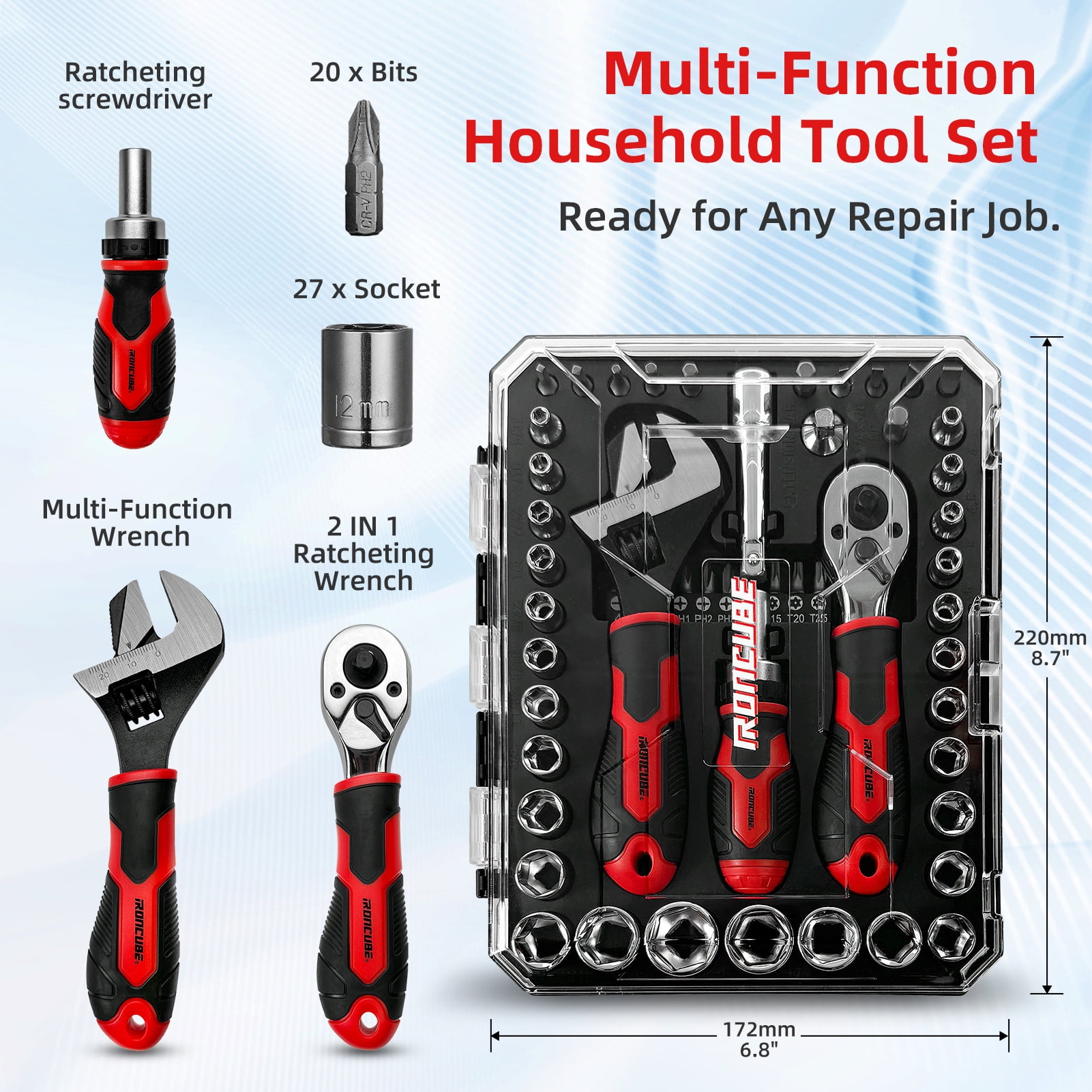 IRONCUBE 53-Piece Compact Socket Tool Set with Ratcheting Screwdriver & Adjustable Wrench for Garage, Auto Repair, Household Backyard & College Dorm