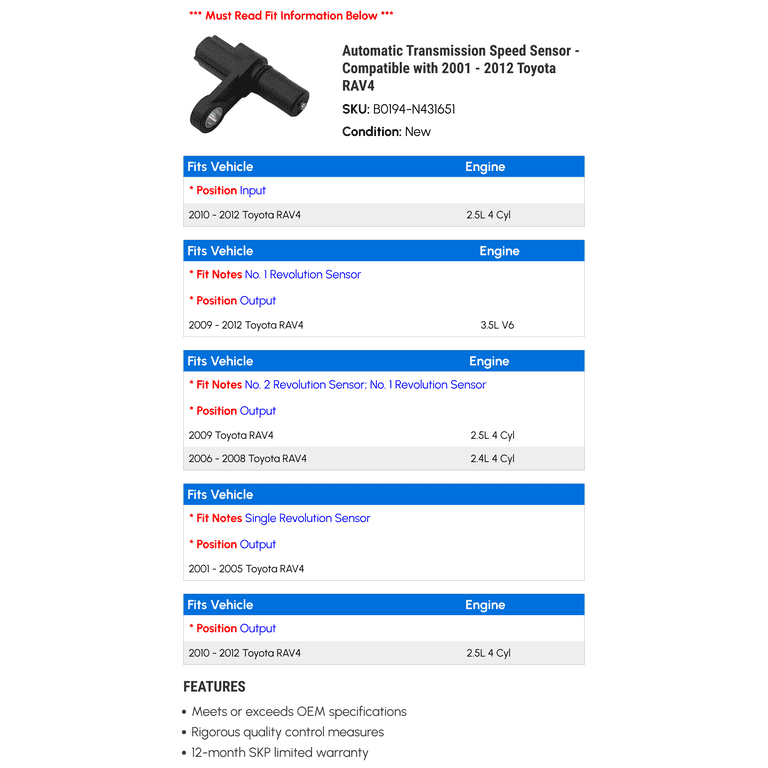 Automatic Transmission Speed Sensor - Compatible with 2001 - 2012