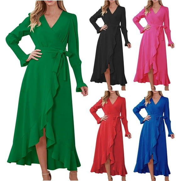Elainilye Fashion Summer Dresses for Women 2024 Sexy Vintage V Neck Long Sleeve Solid Dresses Long Dress,Black