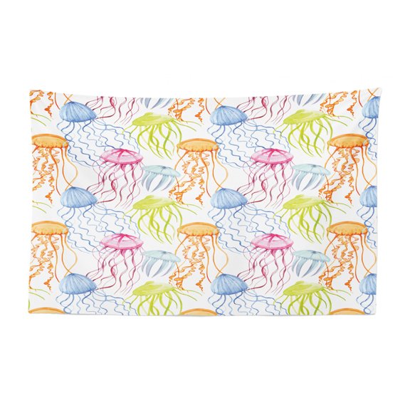Aqua Jellyfish Tapestry, Repetitive and Continuing Underwater Elements on a Plain Background, Fabric Wall Hanging Decor for Bedroom Living Room Dorm, 2 Sizes, Multicolor, by Ambesonne
