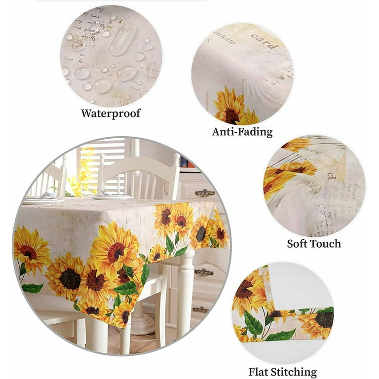 Fiokroo Vintage Sunflower Tablecloth - Round Elastic Edge, Waterproof, Washable, Fits 45-50 Inch Tables, Medium