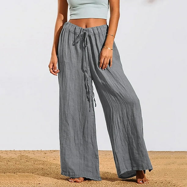 Palazzo Pants for Women Elastic High Waisted Solid Wide Leg Pants Casual  Loose Summer Flowy Beach Lounge Trousers