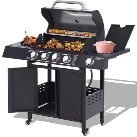 Haverchair 4-Burner Gas BBQ Grill, Cast Iron Barbecue Gas Grill with Side Burner and Bottle Opener for Outdoor Patio Garden Picnic Backyard Cooking, 50,000BTU Black