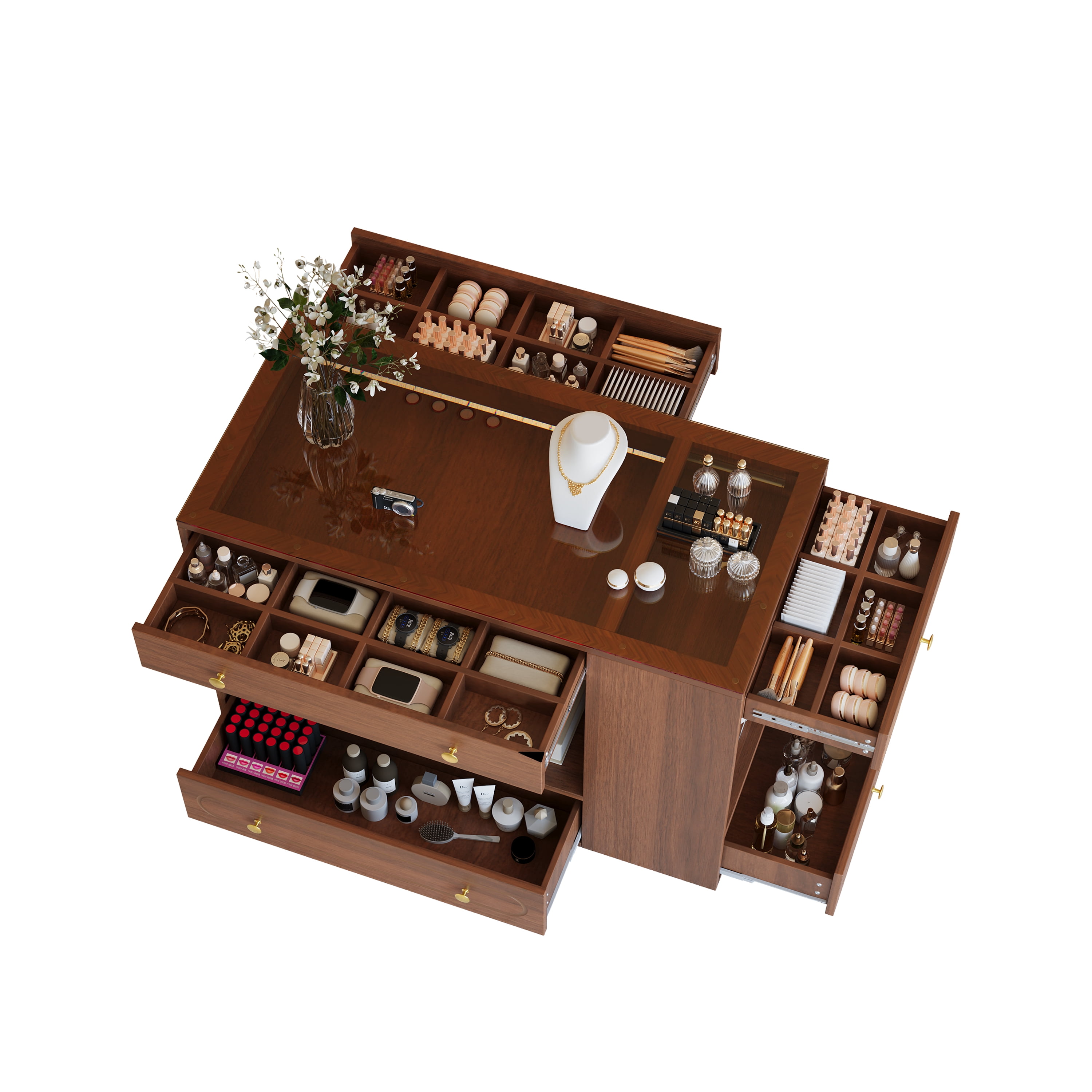 Euroco Modern Closet Island with Glass Display Top & 6 Drawers – Multifunctional Storage for Walk-in Closets, Bedrooms, and Retail Spaces