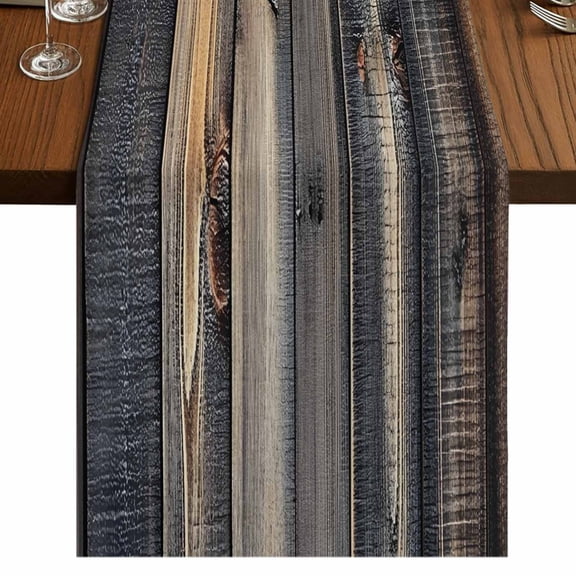 Black Brown Plank 48 Inch Table Runner, Vintage Chic Wooden Grain Farmhouse Dresser Scarf Cotton & Linen Tablerunner for Dining/Kitchen Island/Holiday Party Décor 13" x 48"