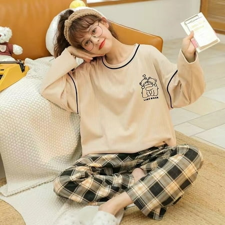

CoCopeaunt 100% Cotton Women Pajama Set Summer Sleepwear Long Cute Pijamas Girls Homewear Long Pants Cartoon printing Home Clothes Pyjama