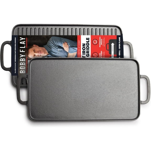 x Bobby Flay Cast Iron Pre-Seasoned 16.5 x 9.5” Reversible Double Burner Griddle, Rectangular Grill, Helper Handles, Induction, Versatile Stovetop Oven BBQ & Fire, Indoor & Outdoor Use, Black