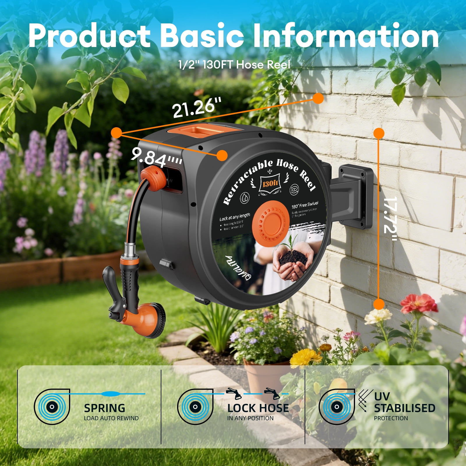 TABU Retractable Garden Hose Reel, 1/2 Inch x 130 FT Hose Reel with 10 Pattern Nozzle, Slow Return System & 180°Swivel Bracket