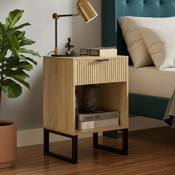Light Oak Mid Century Modern Nightstand, Wood Bedside Table with Fluted Drawer and Open Storage, End Table with Black Metal Legs for Bedroom, Living Room