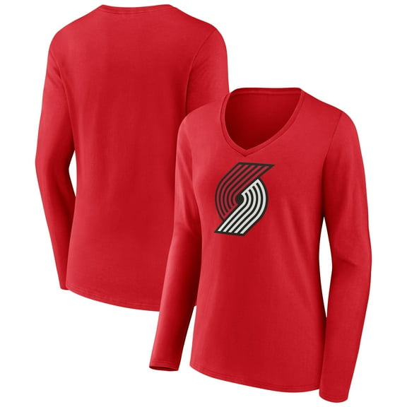 Women's Red Portland Trail Blazers Primary Logo Long Sleeve V-Neck T-Shirt