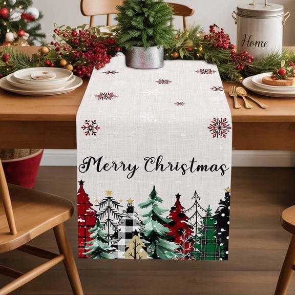 Christmas Tree Cotton Linen Table Runner 13 x 72 inch Winter Snowflake Plaid Xmas Trees Non-slip Rectangular Dining Table Decor for Wedding Party Holiday Dinner