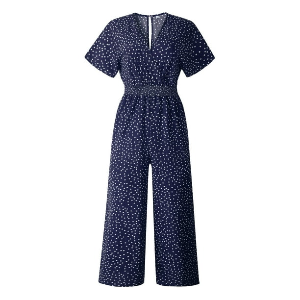 Gibobby Mono Corto Informal Mono de bolsillo con cuello en V estampado con cintura elástica y pantalones casuales de punto ondulado para mujer(Azul marino, M)