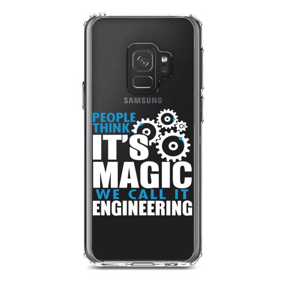 DistinctInk Clear Shockproof Hybrid Case for Samsung Galaxy S9 (5.8" Screen) - TPU Bumper Acrylic Back Tempered Glass Screen Protector - People Think It's Magic It's Engineering