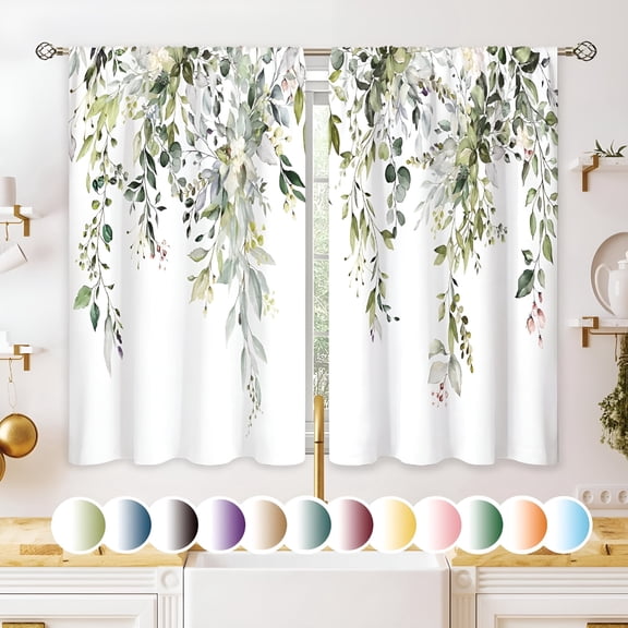 AUQ Eucalyptus Botanical Leaves Floral Kitchen Window Curtains Over Sink Boho Farmhouse Flower Leaf Small Window Treatment Sage Green Cafe Short Curtains for Bathroom Tier Drapes 27.5x39"