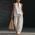 thumbnail image 3 of Textilo Cotton Linen Sets for Women 2 Piece Sleeveless V Neck Halter Top and Wide Leg Pants Solid Color Outfit 2026 Boho Casual Summer Travel Vacation Trendy Outfits Tracksuit,White 2XL, 3 of 5