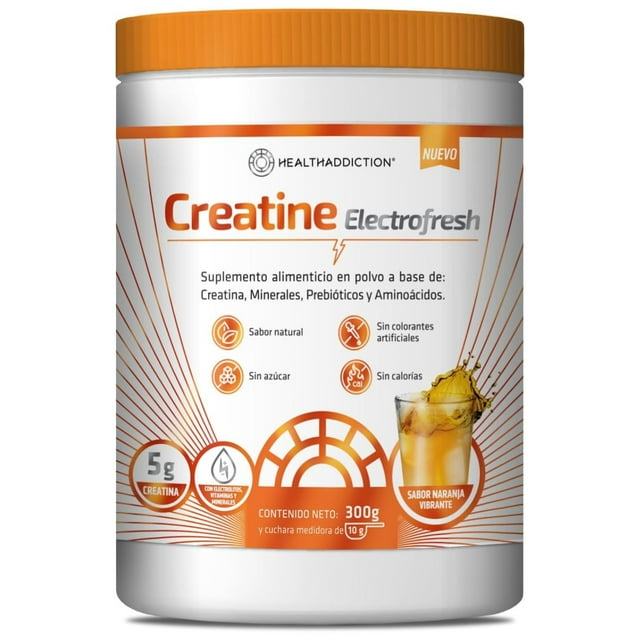 HEALTHADDICTION – Creatina Electrofresh Sabor Naranja 300g – Con Minerales, Prebióticos y Aminoácidos – Sin Azúcar, Sin Calorías, Sin Colorantes Artificiales – 30 Porciones – Suplemento en Polvo