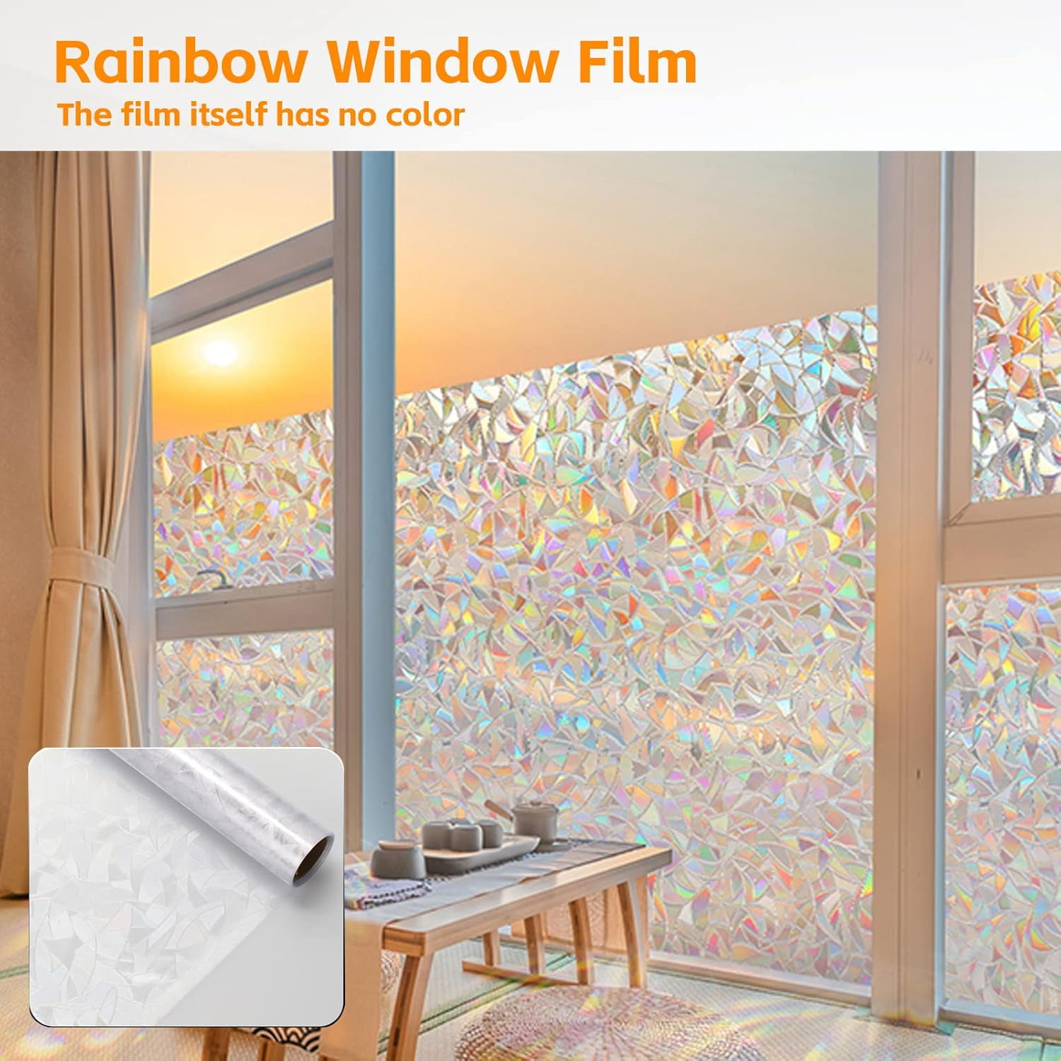 ZIVACATE 17.5"x86.6" Window Privacy Film Rainbow Window Clings Decorative Stained Glass Window Vinyl Non-Adhesive for Home