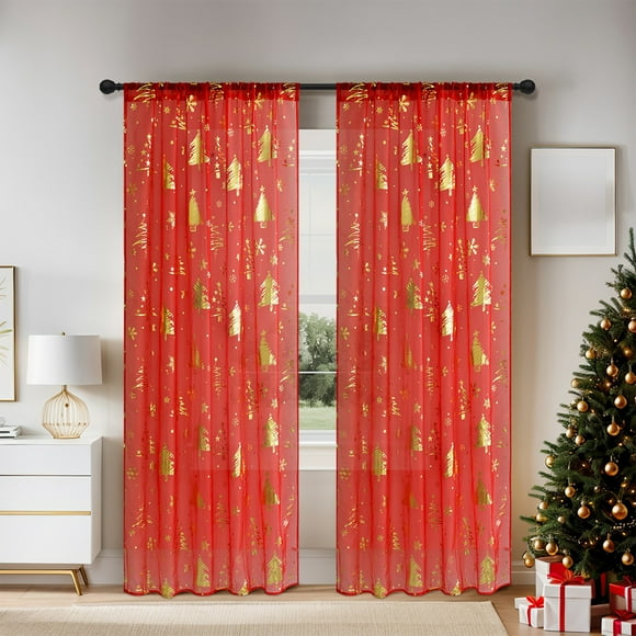 Cortina navideña | Gran cortina de poliéster de 130 x 274 cm con estampado de copos de nieve y árbol navideño | Cortinas decorativas verdes y rojas para dormitorio, sala de estar, decoración de