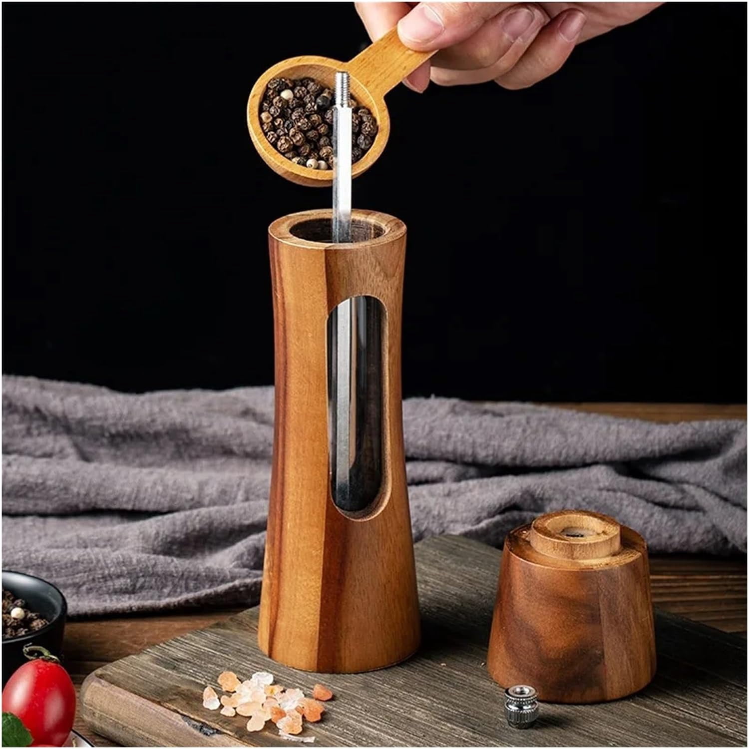 Wooden Salt and Pepper Grinder Set,Manual Pepper Mill Grinder,Salt and Pepper Grinder Set with Ceramic Core,Refillable Pepper Grinder with Acrylic Visible Window,Pepper Grinder For Seasoning,2 Pack