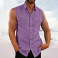 thumbnail image 3 of Lovskoo Men's Hawaiian Linen Shirt Sleeveless Solid Color Cotton And Linen Button Up Shirt with Lapel Pocket Beach Shirt Purple, 3 of 4