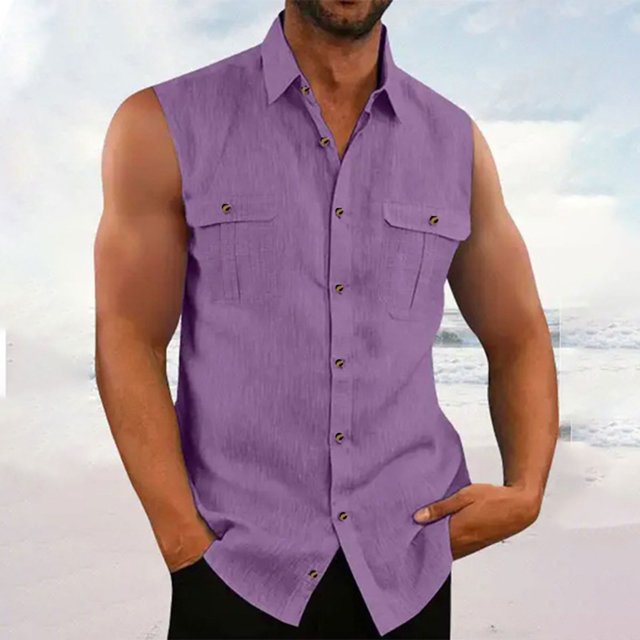 LOVZFMLL Jackets for Men's Hawaiian Sleeveless Solid Color And Linen Button Up Shirt With Lapel Pocket Beach Shirt