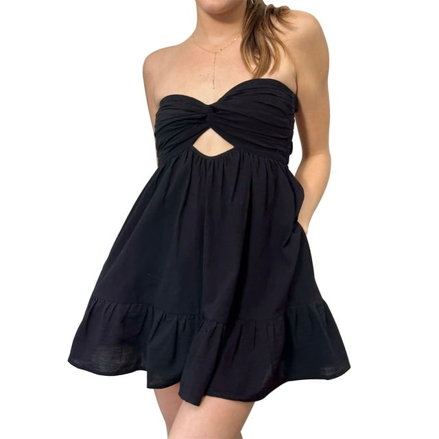 SUNSIOM Women Twisted Tube Dress Ruched Boat Neck Cut-out Backless Sleeveless Double Pockets Flowy Ruffled Dresses