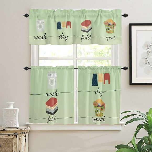 Summer Ombre Green 3 PCS Kitchen Curtain Valance and Tiers Set, Rod Pocket Small Half Tier Valances Window Curtains Panel, Laundry Theme Wash Dry Fold Repeat 55"x36" (Set of 2 Tiers & Valance)