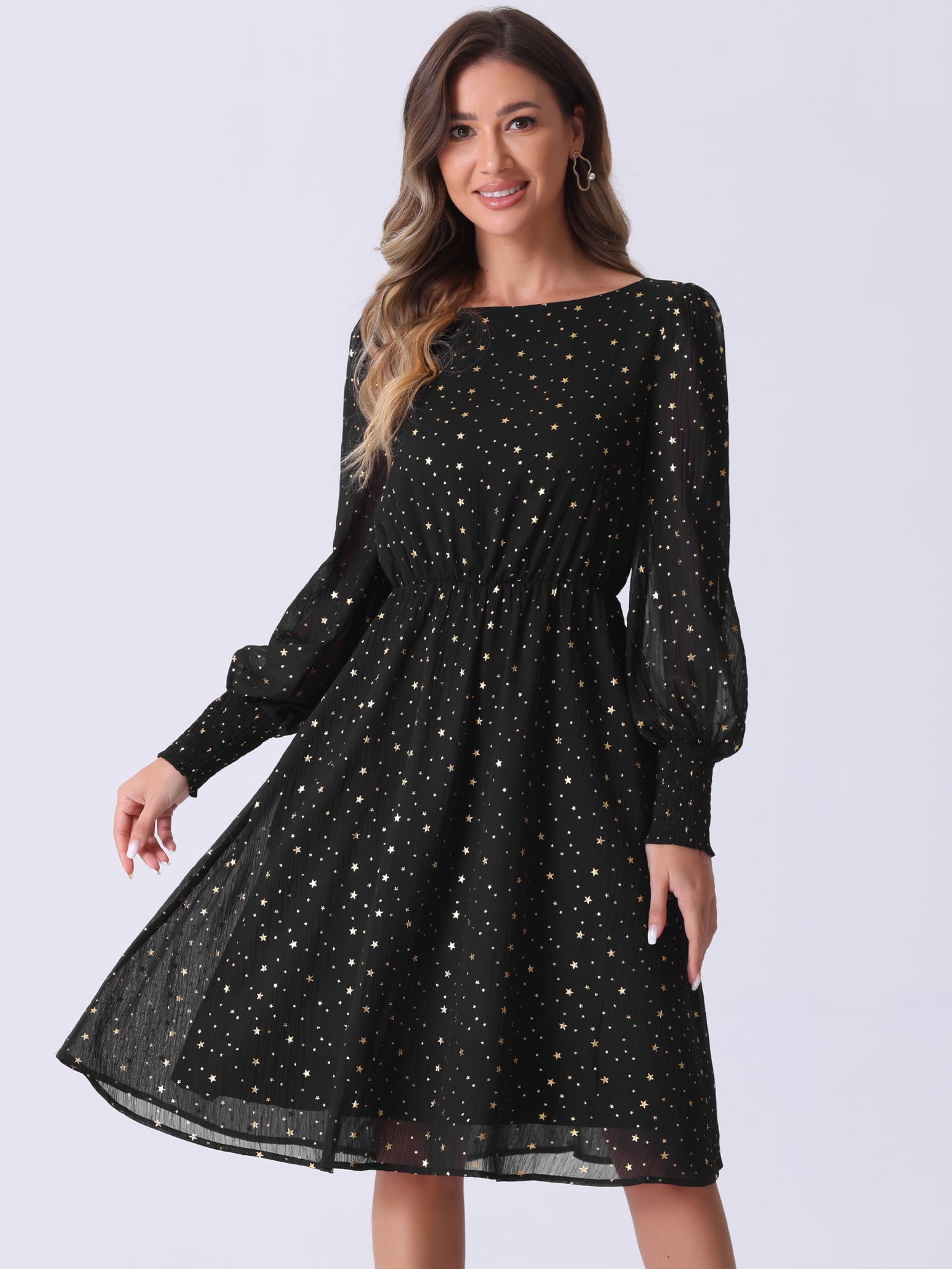 DARING DIVA Puff Long Sleeve Elastic Waist Mesh Dress XL Black