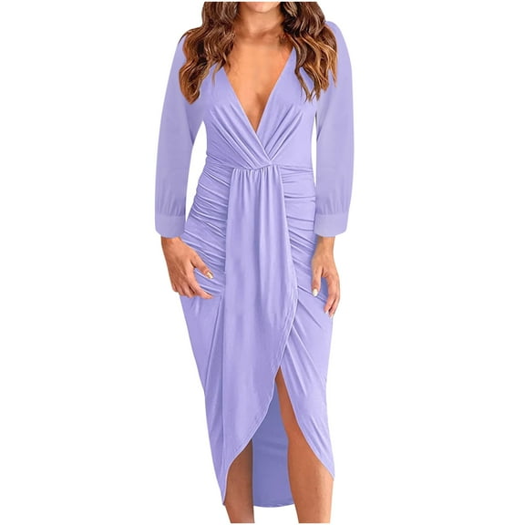 Fesfesfes Women Dress Fall And Winter Solid V-neck Pleated Bag Hip Split Long-Sleeve Mid-Calf Dress Clothes Sale