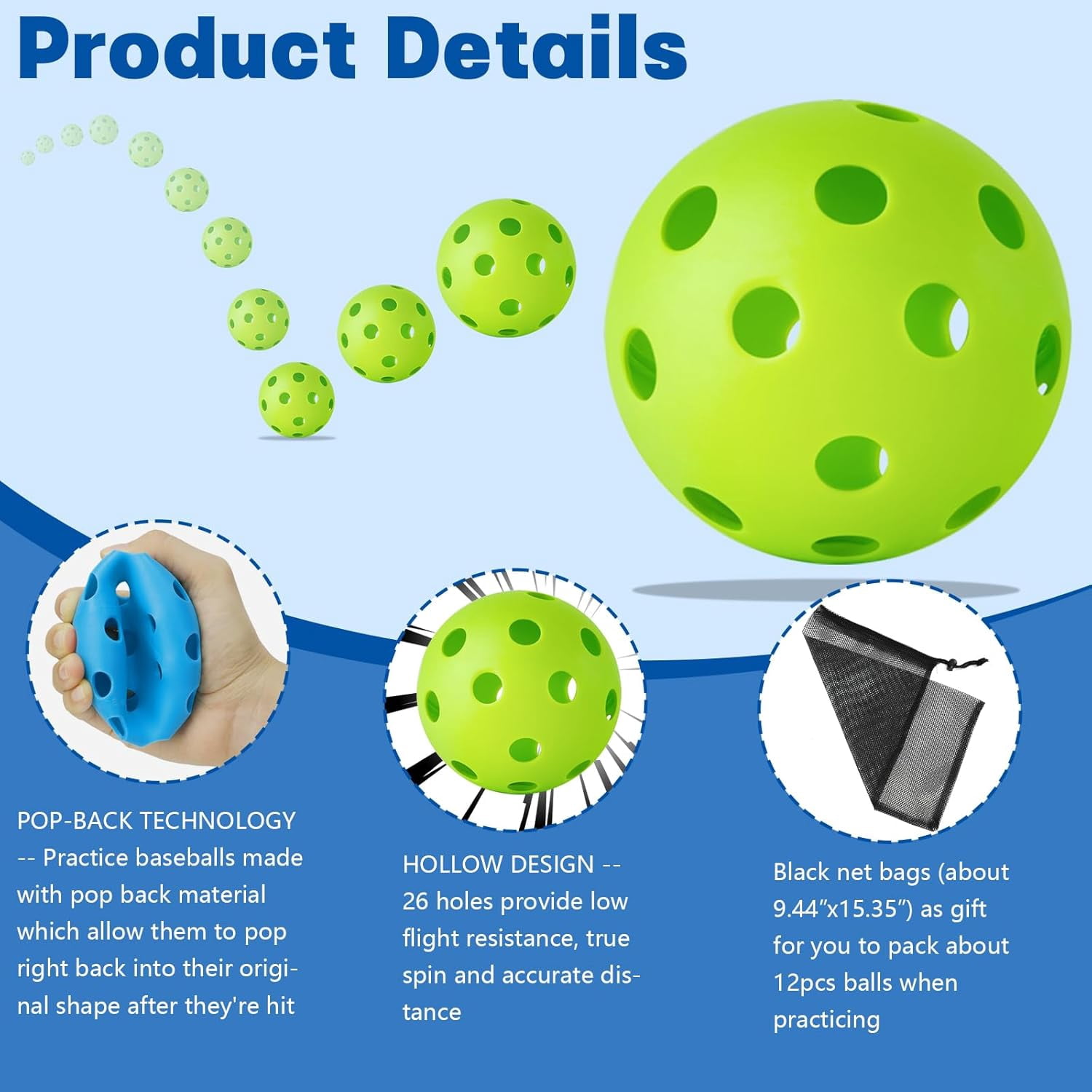 12/100 Pack Baseball Practice Balls Plastic Training Balls Lightweight Hollow Softballs with a Drawstring Bag for Hitting, Baseball Training Indoor Outdoor Use