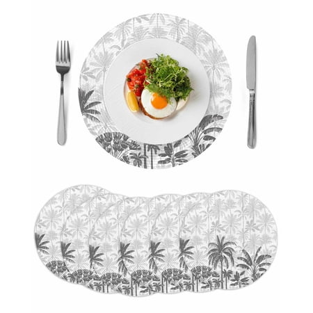 Palm Trees Round 13 Inch Placemats Set of 6 Black Grey Tropical Plants Summer Forest HeatResistant Non Slip Place Mats for Dining Table Wipeable Braided Kitchen Table Mats for Housewarming