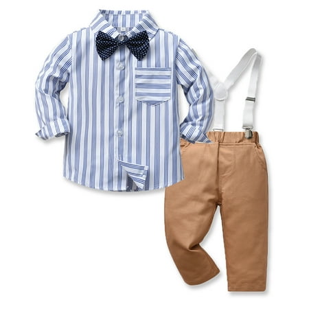 

Yubatuo Toddler Baby Boys Gentleman Bow Tie Solid T-Shirt Tops+Suspender Pants Outfits Blue 110