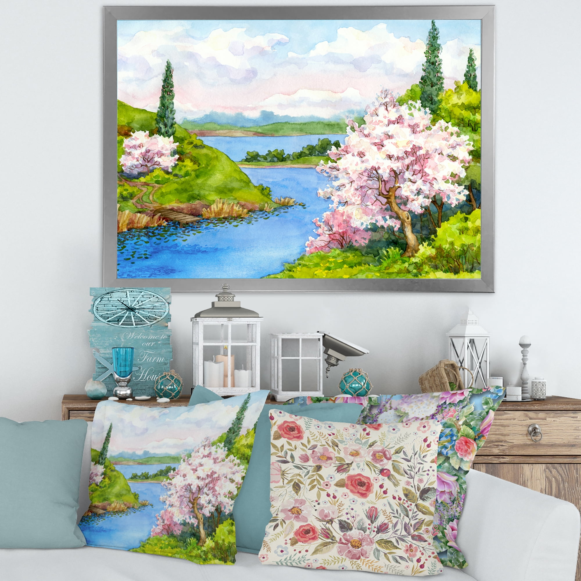 A Bright Blue Sky Over Spring Landscape 40 in x 30 in Framed Painting Canvas Art Print, by Designart