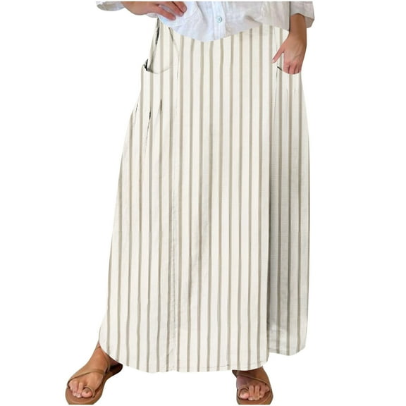 Mrat Cargo Skirts for Women Women's Casual Retro Floral Skirts Linen Elastic Waist Pleated Maxi Skirt with Pockets Plus Size Skirts S-156 Khaki L