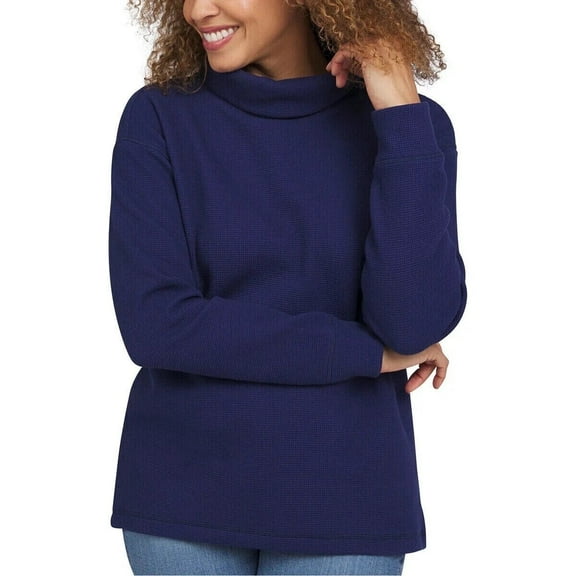 Lands' End Women's Long Sleeve Waffle Funnel Neck Top XS Dark Blue