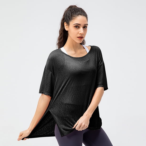 Blusa deportiva holgada para mujer, ligera, transpirable, para correr, con abertura, de secado rápido, para yoga, de manga corta, moderna y hermosa