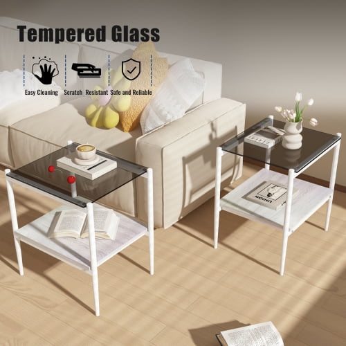 MOONMISS 2 Pack Rectangle End Table, Tempered Glass Top Side Table with MDF Frame, Modern Transparent Glass Accent Table for Living Room, Bedroom, Home Decor, White/Black