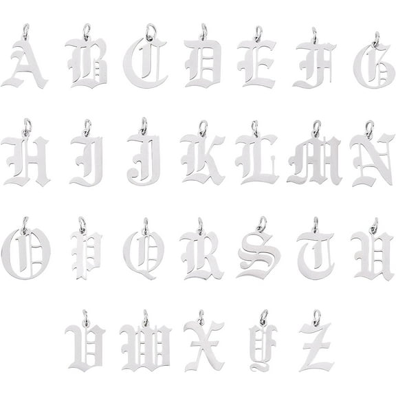 26pcs Metal Letter Pendants Old English Gothic Pendants Stainless Steel A-Z Letter Charms with Jump Ring