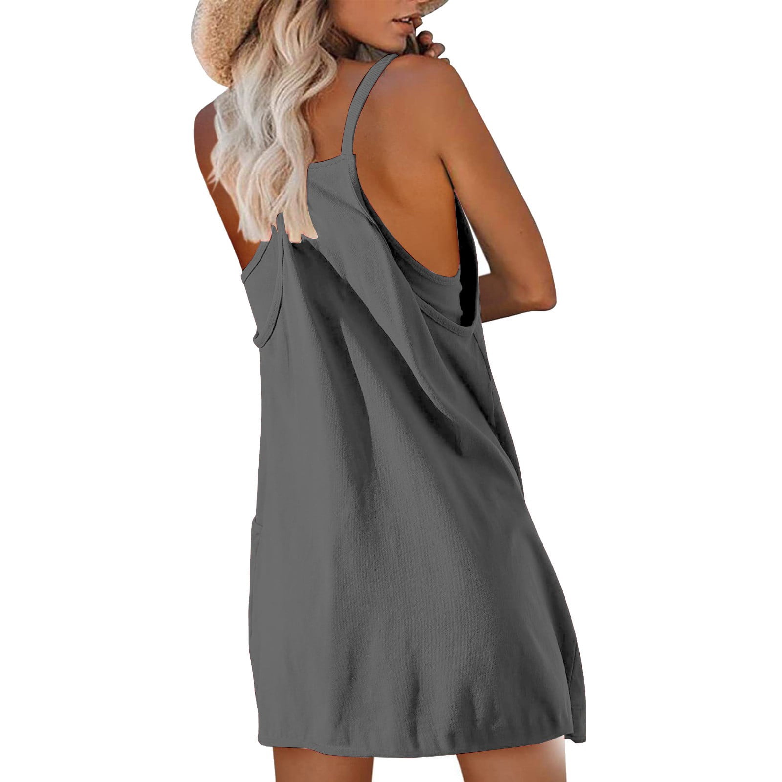 Hueook Summer Cami Strap Rompers for Women One Piece Jumpsuits Loose Fit Bodysuit Shorts Women's Summer Comfortable Casual Suspender Shorts Pocket Jumpsuit Shorts Gray L