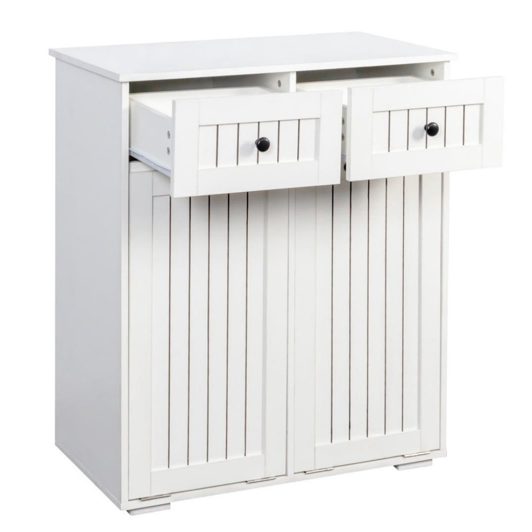 Laundry Cabinet with 2 Removable Baskets and 2 Drawers, Double Laundry Hamper with Sorting Compartments, Freestanding Storage Cabinet Organizer, White